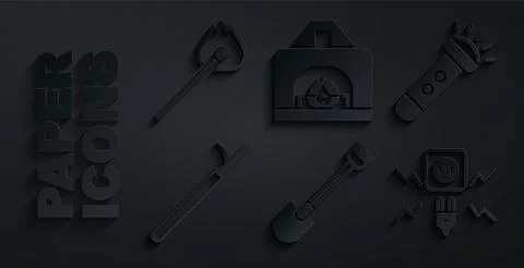 Set Fire shovel, Flashlight, Metal pike pole, Electricity spark, Interior Stockillustratie