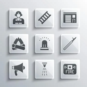 Set Fire sprinkler, alarm system, Metal pike pole, Ringing bell, Megaphone Stock Illustration