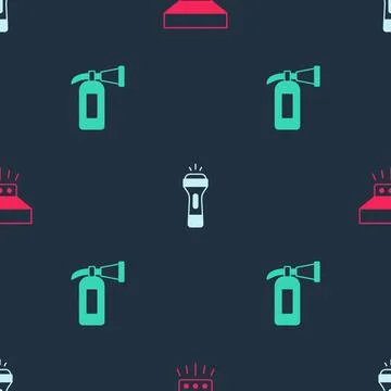 Set Fire sprinkler system, Flashlight and extinguisher on seamless pattern... 스톡 일러스트