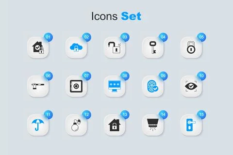 Set Fire sprinkler system, Safe, Cloud computing lock, Umbrella, Fingerprin.. Ilustração Stock