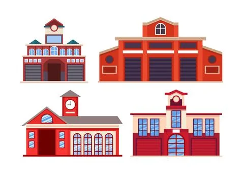 Set of Fire Station Building Collection, Firehouse department, Fire departm.. Ilustración de archivo