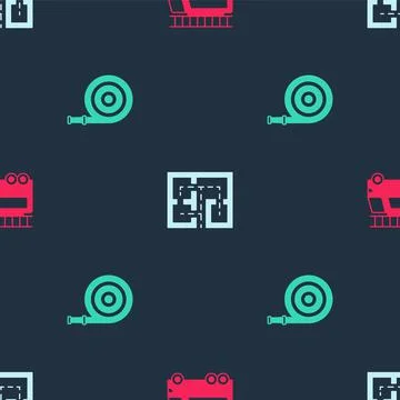 Set Fire truck, Evacuation plan and hose reel on seamless pattern. Vector Illustrazione stock