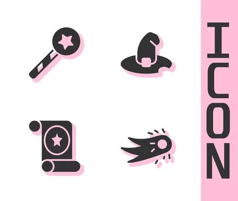 Set Fireball, Magic wand, scroll and Witch hat icon. Vector 스톡 일러스트