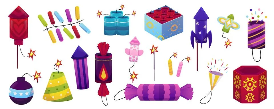 Set of firecrackers of different shapes, rocket, candy, cone, bomb, in a box イラスト素材