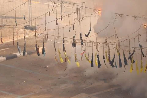 Set of firecrackers prepared to explode during a mascleta in Valencia Stock Photos