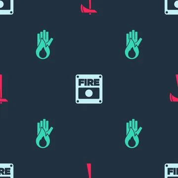 Set Firefighter axe, alarm system and No fire on seamless pattern. Vector 스톡 일러스트