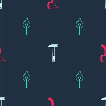 Set Firefighter axe,  and Burning match with fire on seamless pattern. Vector Stock Illustration