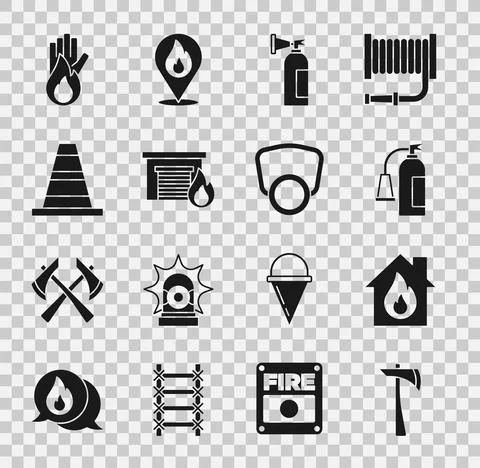 Set Firefighter axe, in burning house, extinguisher, garage, Traffic cone, No Illustration