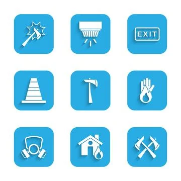 Set Firefighter axe, in burning house, No fire, Gas mask, Traffic cone, exi.. Illustration