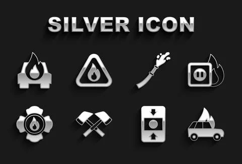 Set Firefighter axe, Electric wiring of socket in fire, Burning car, alarm Stock Illustration