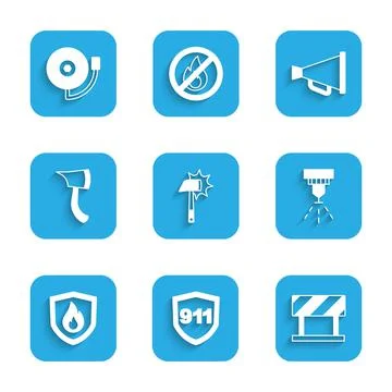 Set Firefighter axe, Emergency call 911, Road barrier, sprinkler system Illustration