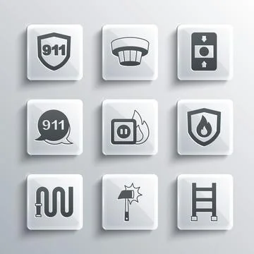 Set Firefighter axe, escape, protection shield, Electric wiring of socket in Stock Illustration