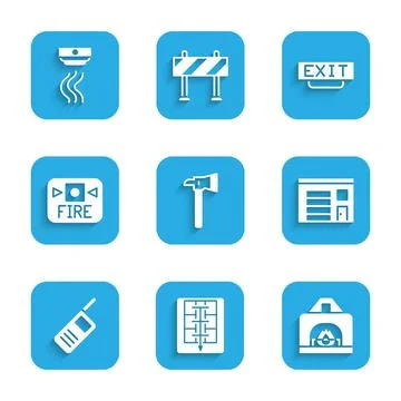 Set Firefighter axe, Evacuation plan, Interior fireplace, Building of station Ilustración de archivo