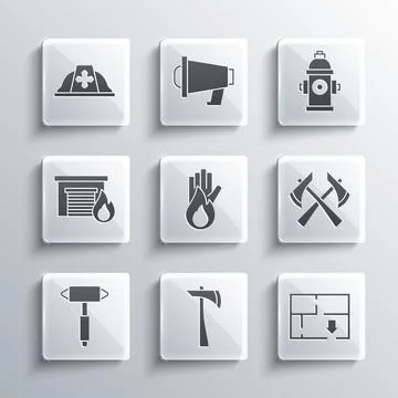 Set Firefighter axe, Evacuation plan, No fire, in burning garage, helmet and Illustration