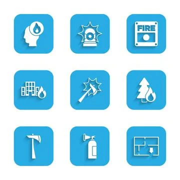 Set Firefighter axe, extinguisher, Evacuation plan, Burning forest tree, burning Stock Illustration