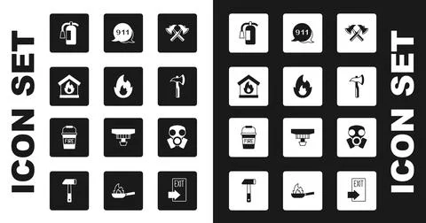 Set Firefighter axe, flame, in burning house, extinguisher, Emergency call 911 Illustration