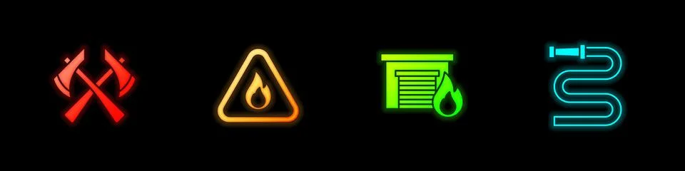 Set Firefighter axe, flame in triangle, burning garage and hose reel icon Ilustración de archivo