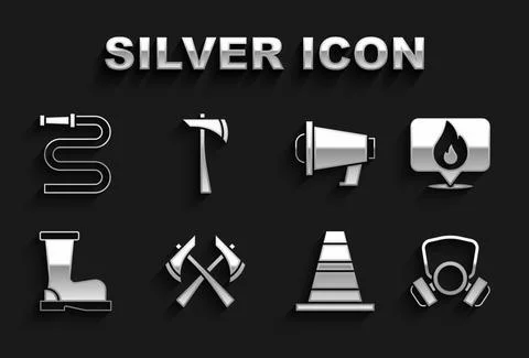 Set Firefighter axe, Location with fire flame, Gas mask, Traffic cone, boots Illustration