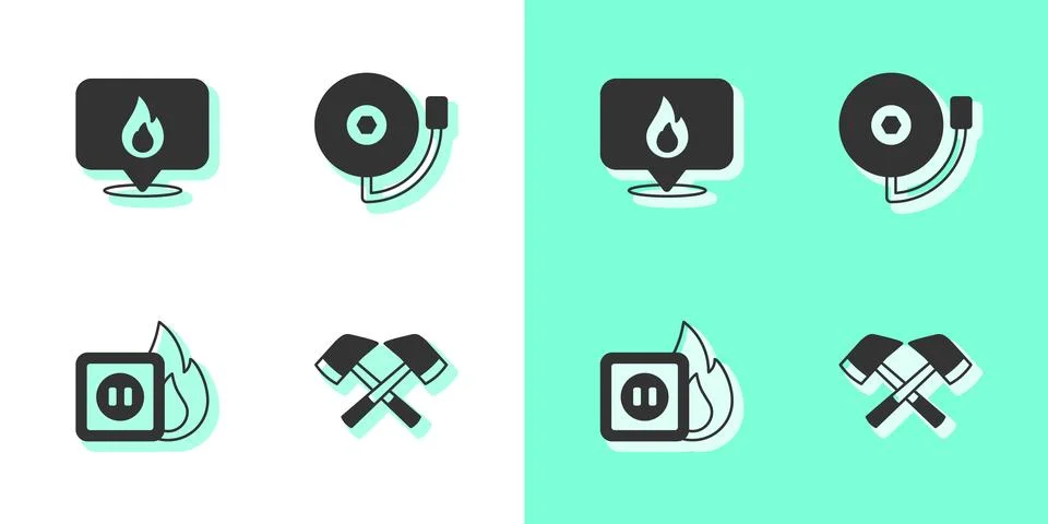 Set Firefighter axe, Location with fire flame, Electric wiring of socket in and Stock Illustration