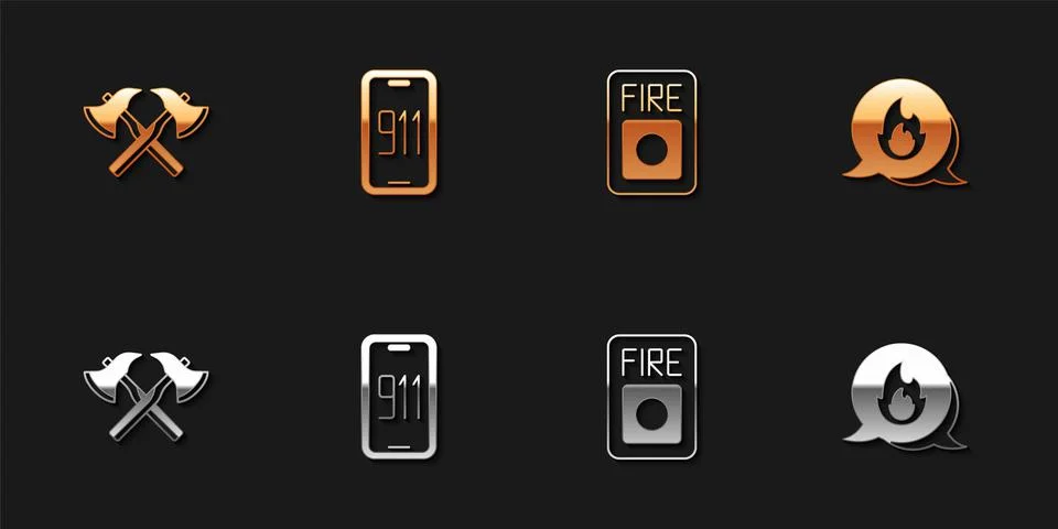Set Firefighter axe, Mobile emergency call 911, alarm system and Emergency icon Illustration