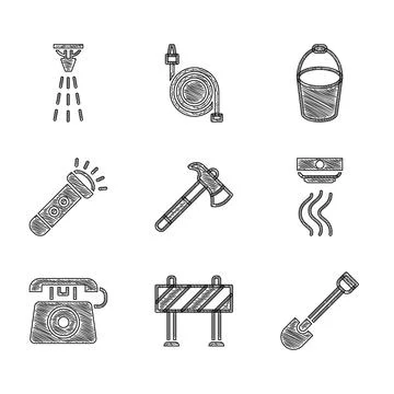 Set Firefighter axe, Road barrier, shovel, Smoke alarm system, Telephone call Illustration