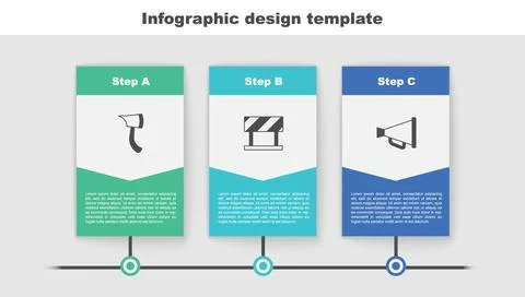 Set Firefighter axe, Road barrier and Megaphone. Business infographic templ.. Illustration