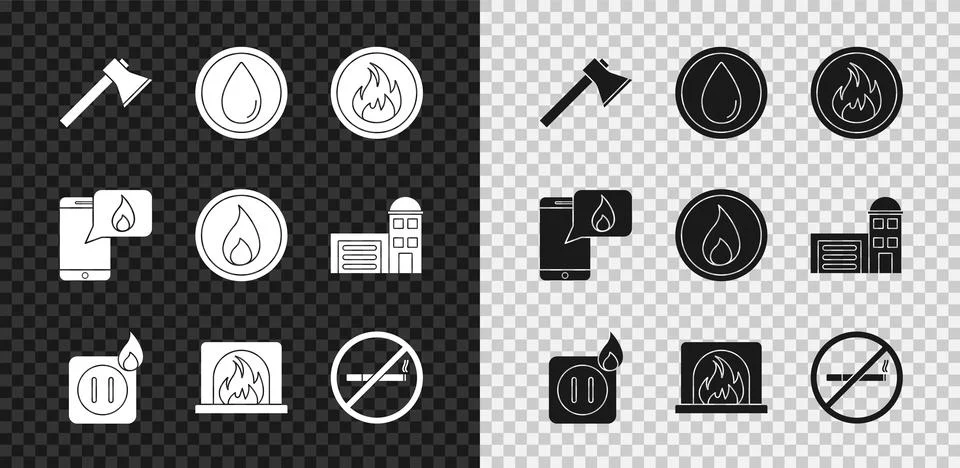 Set Firefighter axe, Water drop, flame, Electric wiring of socket in fire Stock Illustration