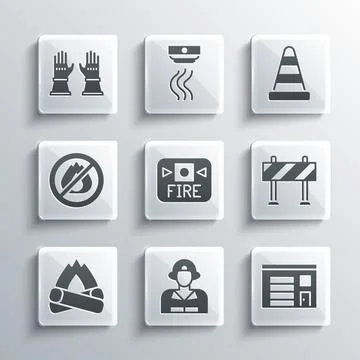 Set Firefighter, Building of fire station, Road barrier, alarm system, Campfire Ilustración de archivo