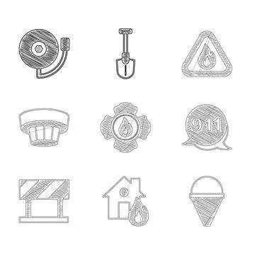 Set Firefighter, in burning house, cone bucket, Emergency call 911, Road ba.. Ilustración de archivo