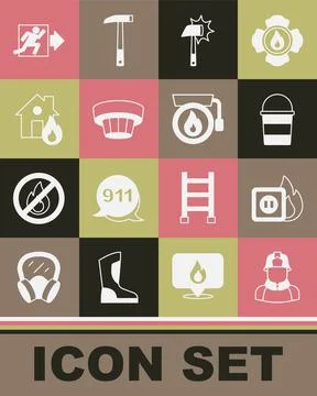 Set Firefighter, Electric wiring of socket in fire, bucket, axe, Smoke alarm Stock Illustration