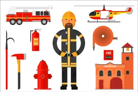 Set of firefighter elements. Fireman in uniform, helicopter, fire engine Illustrazione stock