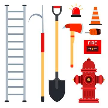 Set of firefighter equipment for fire fighting vector illustration in a flat Illustrazione stock