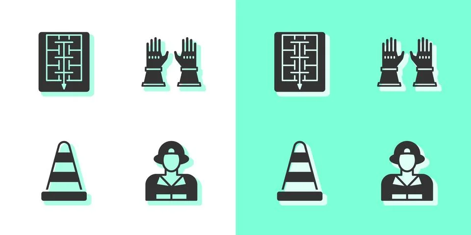 Set Firefighter, Evacuation plan, Traffic cone and gloves icon. Vector Stock Illustration