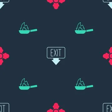 Set Firefighter, exit and Pan with fire on seamless pattern. Vector Illustrazione stock