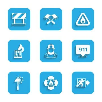 Set Firefighter, exit, Emergency call 911, axe, in burning building, flame Ilustración de archivo