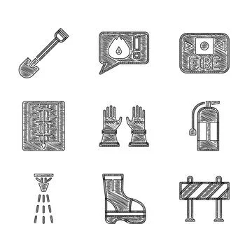 Set Firefighter gloves, boots, Road barrier, extinguisher, sprinkler, Evacuation Illustration