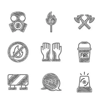 Set Firefighter gloves, Emergency call 911, Flasher siren, bucket, Road barrier Illustration
