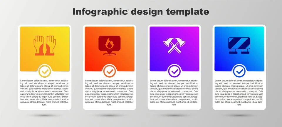 Set Firefighter gloves, Location with fire flame, axe and Road barrier. Bus.. Illustration