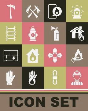 Set Firefighter, Hand holding a fire, burning house, Phone with emergency call Ilustración de archivo