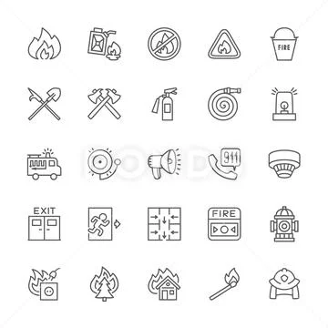 Set of Firefighter Line Icons. Fireman, Evacuation Plan, Hydrant and more. Stock Illustration
