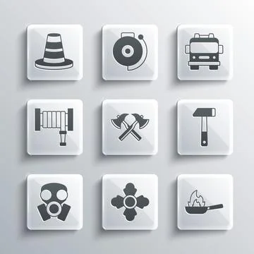 Set Firefighter, Pan with fire, Hammer, axe, Gas mask, hose reel, Traffic cone Illustration