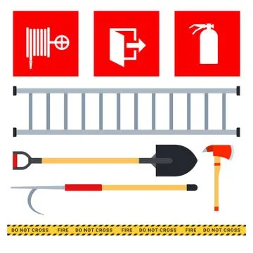 Set of firefighters equipment vector icon flat isolated. Stock Illustration