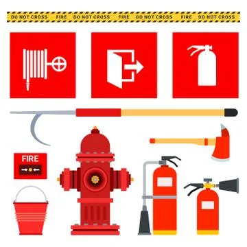 Set of firefighting equipment. Vector flat illustrations. Fire protection Stock Illustration