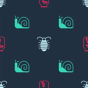 Set Fireflies bugs in a jar, Larva insect and Snail on seamless pattern. Vector Illustrazione stock