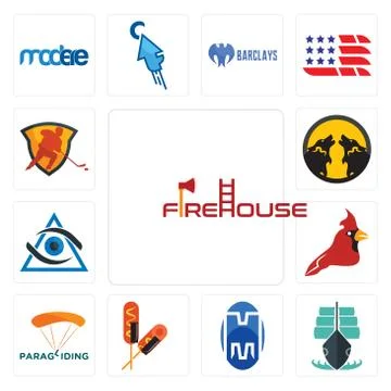 Set of firehouse, tall ship, double m, corn dog, paragliding, cardinal bird,  Gratis stockillustratie