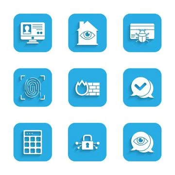 Set Firewall, security wall, Cyber, Eye scan, Check mark in speech bubble 스톡 일러스트
