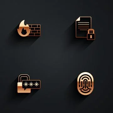 Set Firewall, security wall, Document and lock, Cyber and Fingerprint icon with Stock Illustration