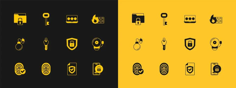 Set Firewall, security wall, Fingerprint, Shield with lock, Contract shield.. Stock Illustration