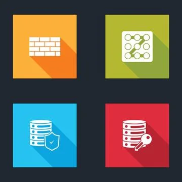 Set Firewall, security wall, Graphic password protection, Server with shield and Stock Illustration