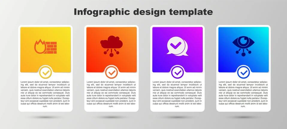 Set Firewall, security wall, Internet of things, Check mark speech bubble and Stock Illustration